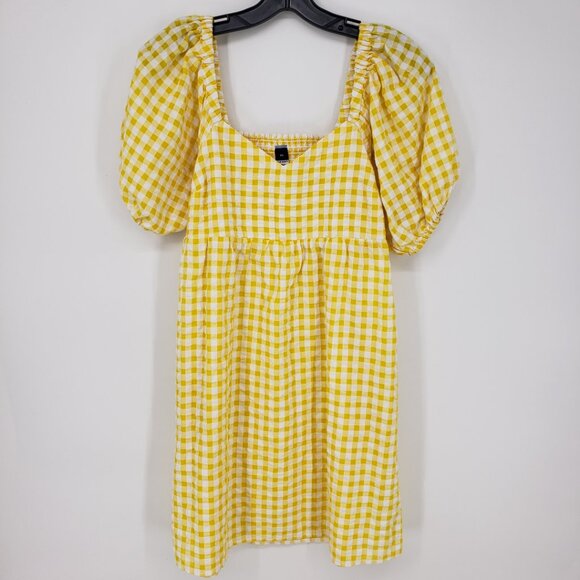 3/$25 Old Navy Gingham Plaid Mini Babydoll Dress XS Short Puff Sleeves Yellow - Picture 1 of 9